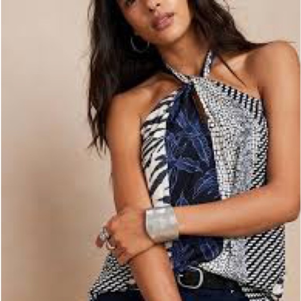 NWT Banana Republic Silky Tropical Print Keyhole Tie Neck‎ Halter Top Size Large